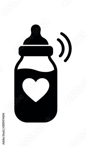Milk bottle with heart icon black silhouette with lid and curve lines feeding moment symbol