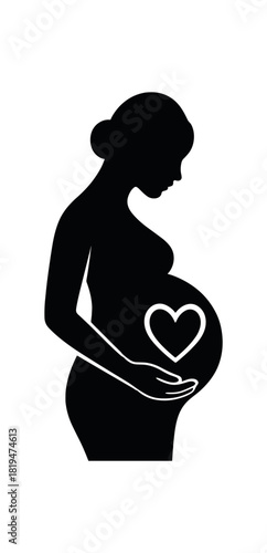 Pregnant belly with heart black silhouette with curve and hand lines motherhood waiting symbol