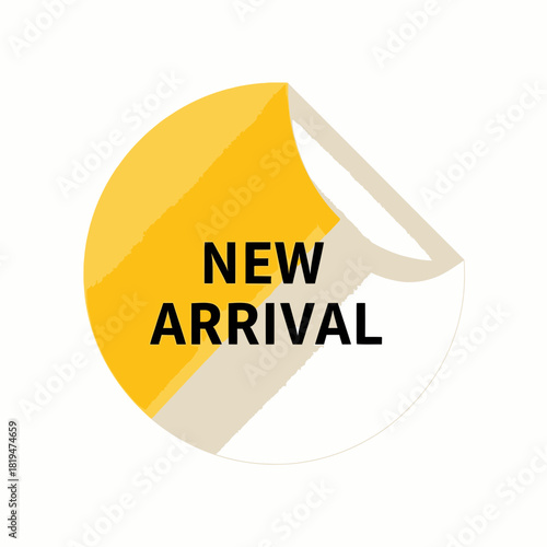 NEW ARRIVAL curved yellow label for fresh stock updates, trending products, and new-drop promotions