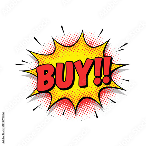 BUY!! explosive comic burst symbol for fast-action shopping triggers and hyper-energetic promo graphics