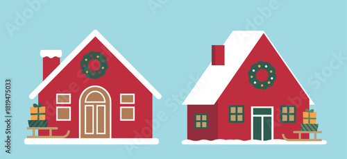 Winter Christmas house flat vector clipart set.
Holiday house illustration art and Graphics.
There was a sled and gift boxes in front of the house.