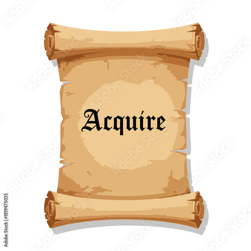 ACQUIRE scroll-styled parchment label for fantasy games, medieval shops, and adventure-themed purchases