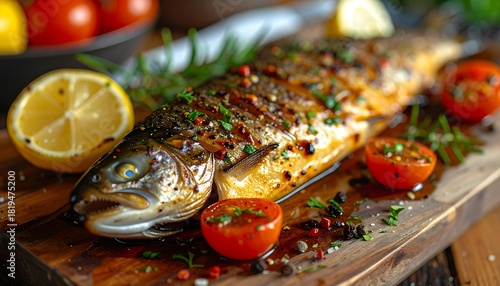 Roasted fish with tomatoes, lemon, and herbs on a wooden board