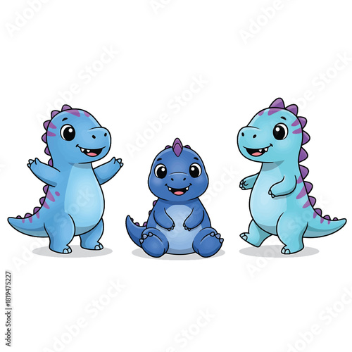 Adorable Blue Cartoon Dinosaurs Posing Joyfully Together.