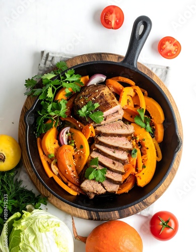 Roasted meat and vegetables in a cast iron skillet, overhead view