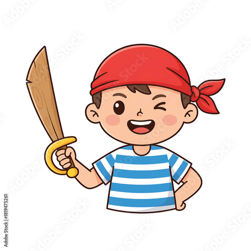 Cartoon Boy Pirate Holding Wooden Sword with Red Bandana.