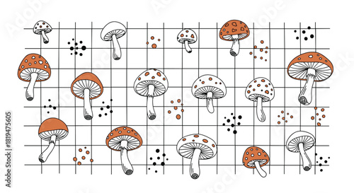 A quirky seamless pattern of hand-drawn toadstool mushrooms on a simple grid background with scattered dots for decoration.