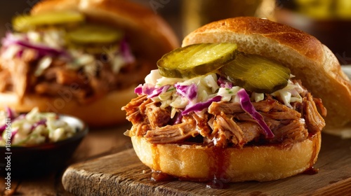 Fototapeta Naklejka Na Ścianę i Meble -  Delicious pulled pork sandwich with coleslaw, pickles, and BBQ sauce served on a toasted bun in rustic kitchen setting