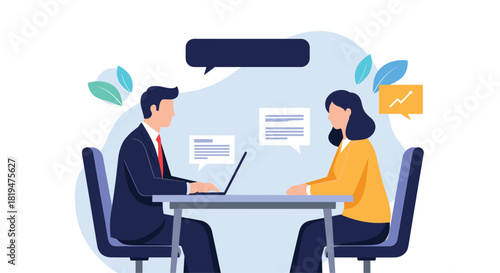 A man and a woman sit at a table for a professional job interview or a business meeting in a modern office environment.