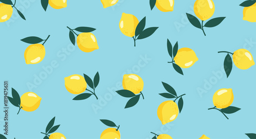 A fresh and cheerful seamless pattern of yellow lemons with green leaves scattered on a simple light blue background.