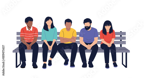 A diverse group of five young people sitting on a bench waiting in line with various expressions of boredom and patience.