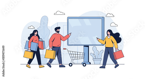 Group of shoppers with bags and a cart look at a large blank billboard for outdoor advertising and promotion concepts.