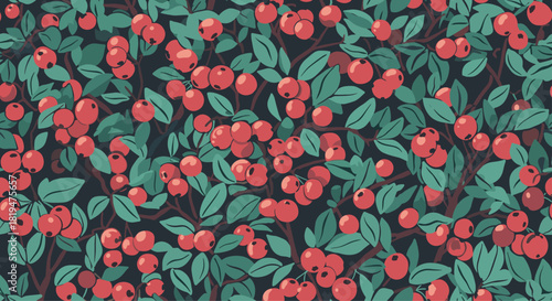 A dense and beautiful seamless pattern of branches with red berries and green leaves on a dark background for textiles.