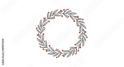 A simple and elegant circular wreath made of hand-drawn leaves and small red berries isolated on a clean white background.