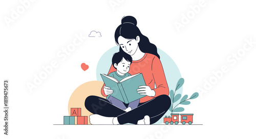 A loving mother sits on the floor reading a storybook to her young son surrounded by toys in a heartwarming family scene.