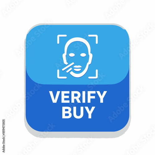 VERIFY BUY face scan badge in blue for biometric verification, secure checkout, and identity confirmation screens