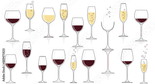Collection of various types of wine and champagne glasses filled with red wine white wine and bubbly sparkling beverages.