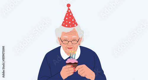 Sweet illustration of an elderly woman in a party hat celebrating her birthday by blowing out candles on a pink cupcake.