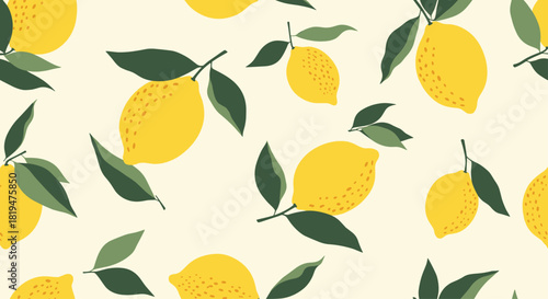 Vibrant and fresh seamless pattern of yellow lemons with green leaves scattered on a light cream-colored vector background.