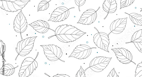 Elegant black and white seamless pattern of hand-drawn leaves scattered on a white background with small decorative dots.