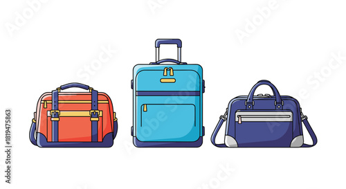 Set of three colorful travel bags including a rolling suitcase a duffel bag and a messenger bag isolated on a white background.