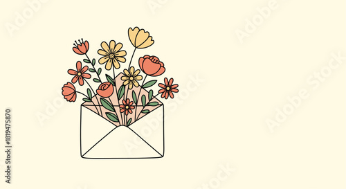 Charming doodle of a bouquet of colorful wildflowers inside an open envelope on a light yellow background with copy space.