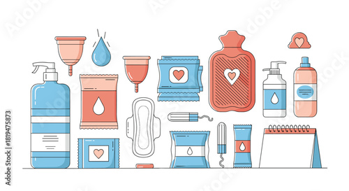 Collection of feminine hygiene products including pads tampons menstrual cups and soap in a simple colorful line art style.