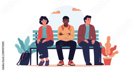 Illustration of three diverse young people sitting on a park bench waiting with an awkward or tense social atmosphere.