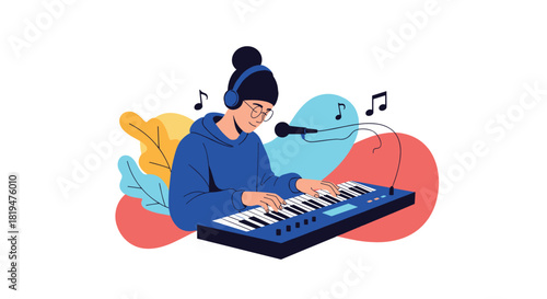 Young woman with headphones and glasses playing an electric piano and singing into a microphone in a creative music concept.