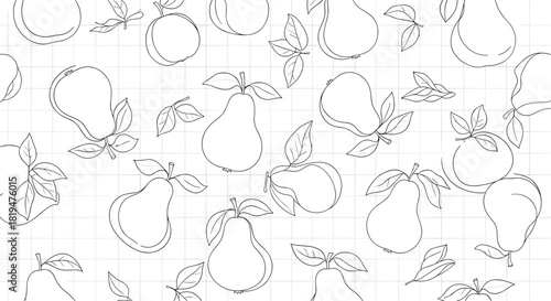 Simple black and white seamless pattern of hand-drawn pear outlines and leaves scattered on a school notebook grid background.