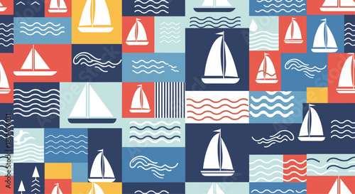Seamless nautical pattern with white sailboat silhouettes and waves presented in a colorful geometric patchwork block design.