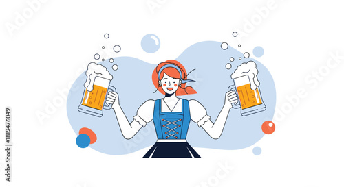 Happy young woman in a traditional dirndl outfit holding two large mugs of frothy beer for an Oktoberfest celebration.