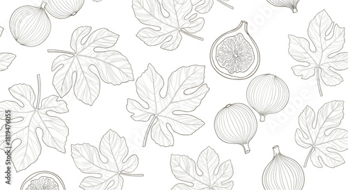 Elegant and detailed seamless pattern of hand-drawn fig fruits and leaves in a fine line art engraving vector style.
