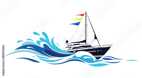 Dynamic illustration of a modern sailing yacht with colorful flags navigating through large stylized blue ocean waves.