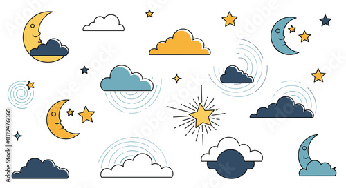 Cute collection of cartoon celestial elements for nighttime scenes including moons stars and clouds in a simple line art style.