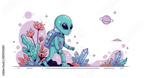 A cute cartoon alien with a backpack explores a strange planet with pink flowers and purple crystals in outer space.