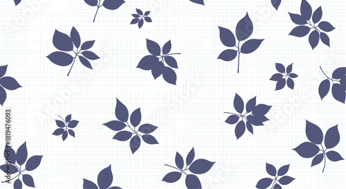 A simple and elegant seamless pattern of scattered dark blue leaves on a white background with a subtle grid texture.