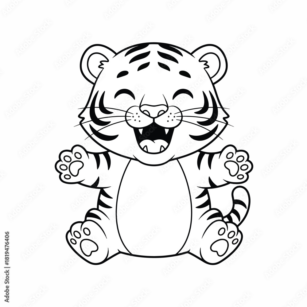 Fototapeta premium Cute Cartoon Baby Tiger Smiling with Paws Outstretched.