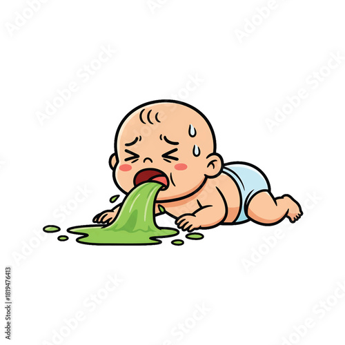 Cartoon Baby Vomiting Green Liquid with Distressed Expression.