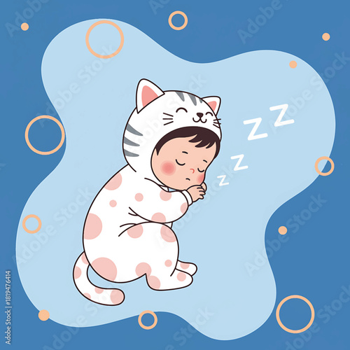 Cute Baby Sleeping Peacefully in Cat Onesie Costume.