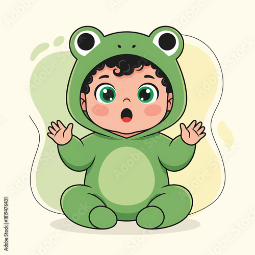 Cute Baby in Green Frog Costume Sitting with Surprise.