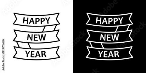Minimal “New Year Ribbon” icon with festive outline style, perfect for holiday celebrations, NYE event graphics, party banners, and seasonal designs.