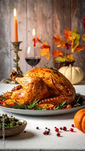 Roasted Thanksgiving turkey with fall decorations on a wooden table