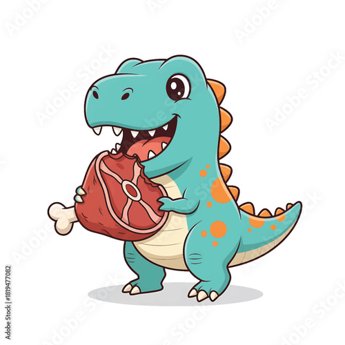 Cute Cartoon TRex Dinosaur Munching on Meaty Bone.