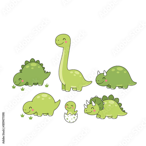 Cute Green Cartoon Dinosaurs Brachiosaurus Triceratops Stegosaurus Collection.