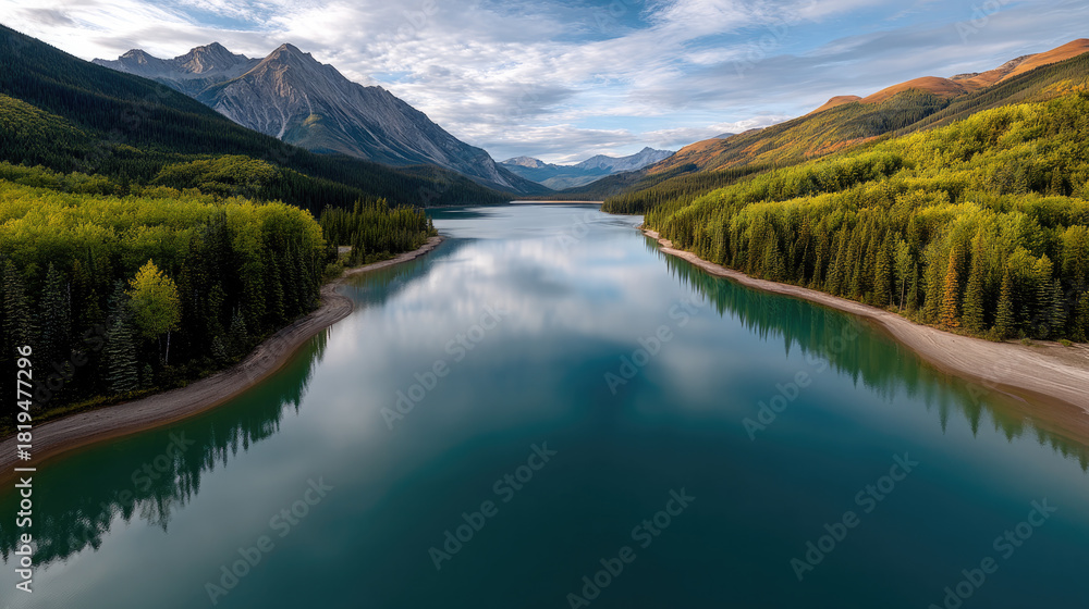 Naklejka premium Emerald lake surrounded by dense forest, mountain range, and blue sky reflecting on calm water, peaceful natural landscape