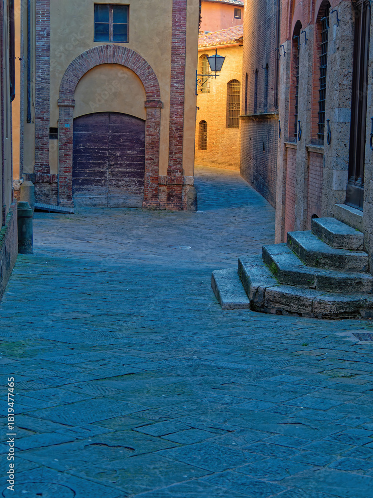 Fototapeta premium Cobblestone alley in Siena, Italy, framed by aged brick walls and ivy, leading to a sunlit ochre building with arched windows. The scene evokes timeless Tuscan charm and architectural intimacy.
