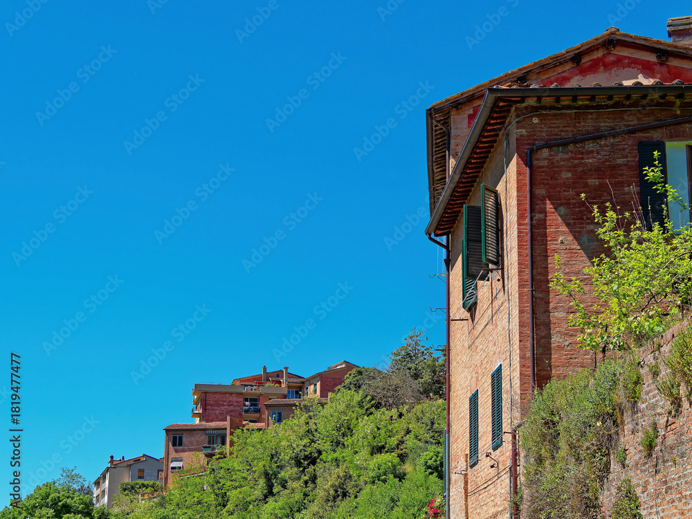 Fototapeta premium Brick houses of Siena rise along a verdant hillside under a blue Tuscan sky — a glimpse of Italy’s charm and architectural grace. Space for text and logo.