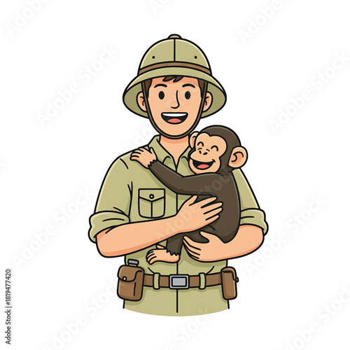 Explorer Hugging Adorable Baby Chimpanzee in Safari Outfit.