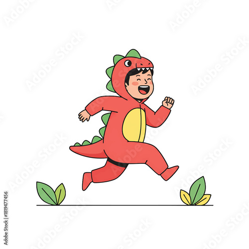 Happy Child Running in Red Dinosaur Costume.